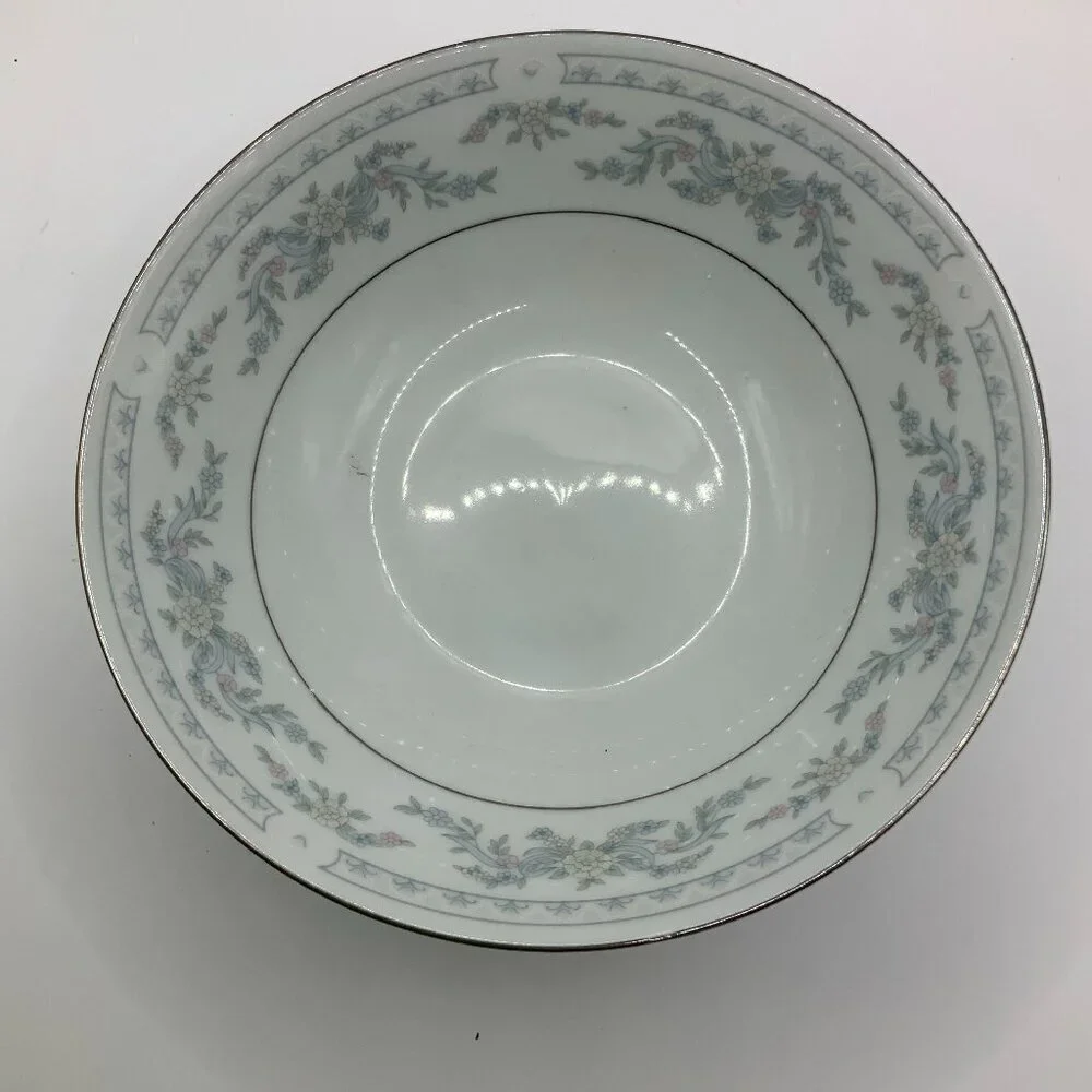 Somerset Blue, Pink & Green Flowers w/Blue Ribbon Silver Trimmed Bowl